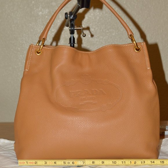 Prada Handbags - Prada Vitello Daino BN2097 Logo Signature Tan Leather shoulder Bag Gold Brass